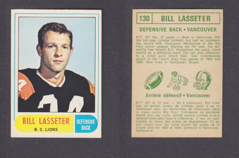 1968 CFL O-PEE-CHEE FOOTBALL CARD #130 B. LASSETER photo 1968 CFL O-PEE-CHEE FOOTBALL CARD #130 B. LASSETER photo