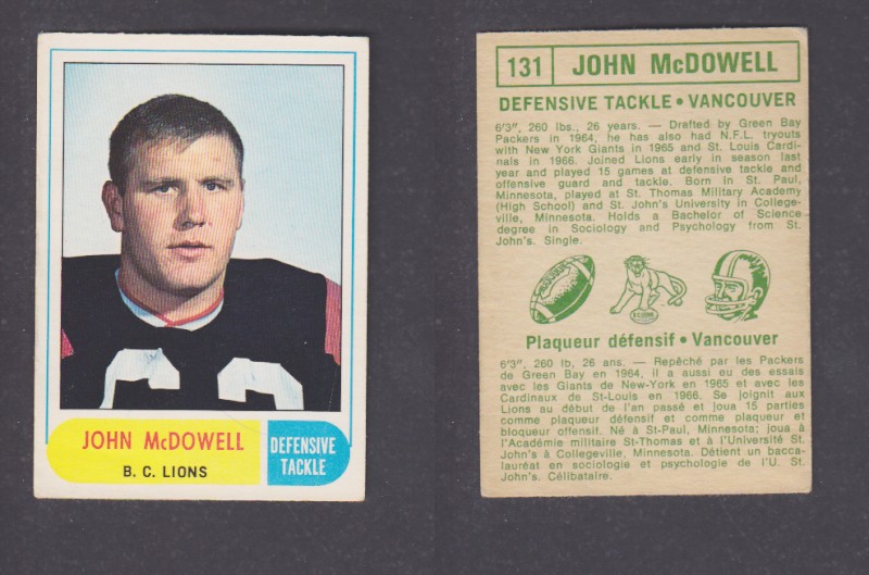 1968 CFL O-PEE-CHEE FOOTBALL CARD #131 J. McDOWELL photo