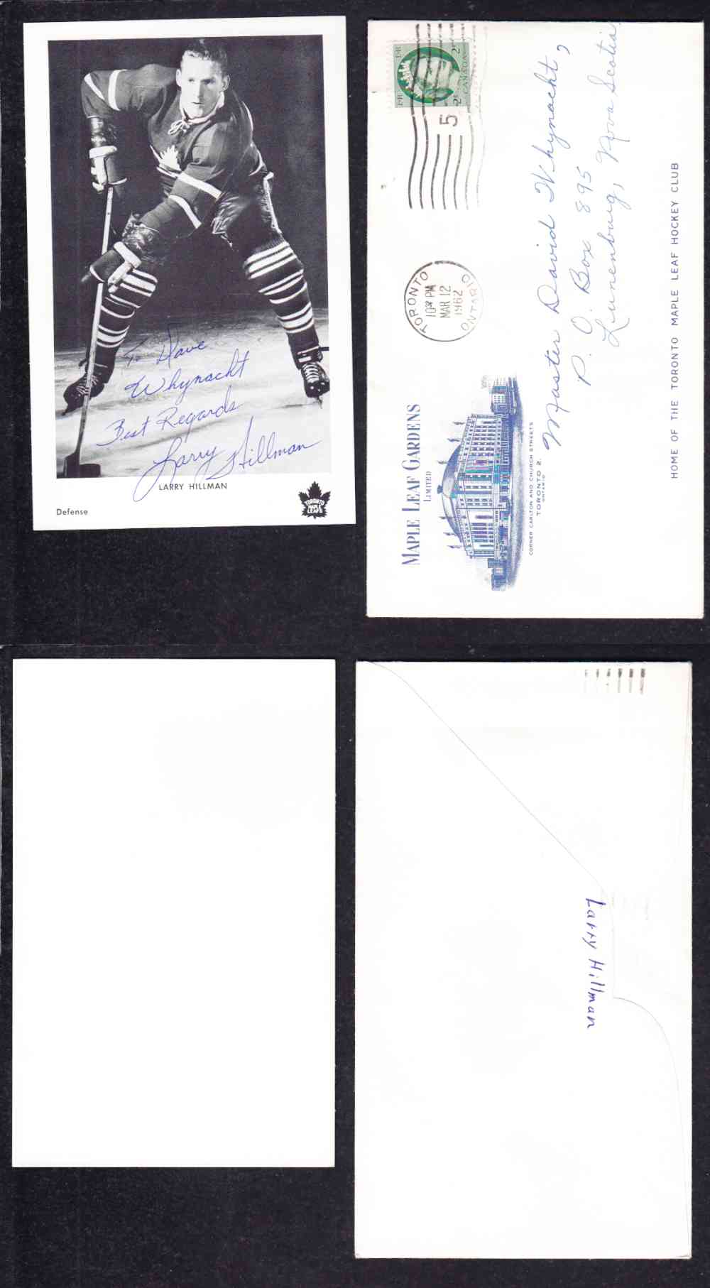 1960 'S TORONTO MAPLE LEAFS L.HILLMAN  AUTOGRAPHED POST CARD photo