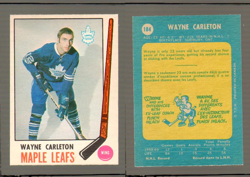 1969-70 O-PEE-CHEE HOCKEY CARD #184 WAYNE CARLETON photo 1969-70 O-PEE-CHEE HOCKEY CARD #184 WAYNE CARLETON photo