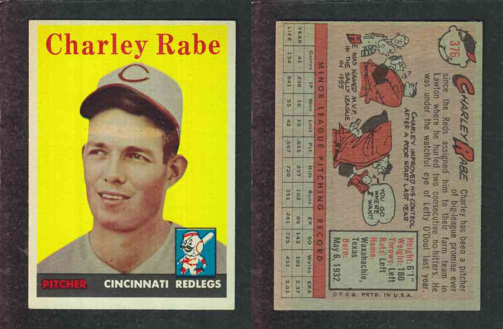 1958 TOPPS BASEBALL CARD #376 C. RABE photo 1958 TOPPS BASEBALL CARD #376 C. RABE photo