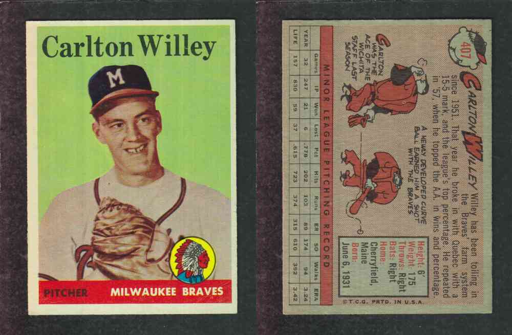 1958 TOPPS BASEBALL CARD #407 C. WILLEY photo 1958 TOPPS BASEBALL CARD #407 C. WILLEY photo
