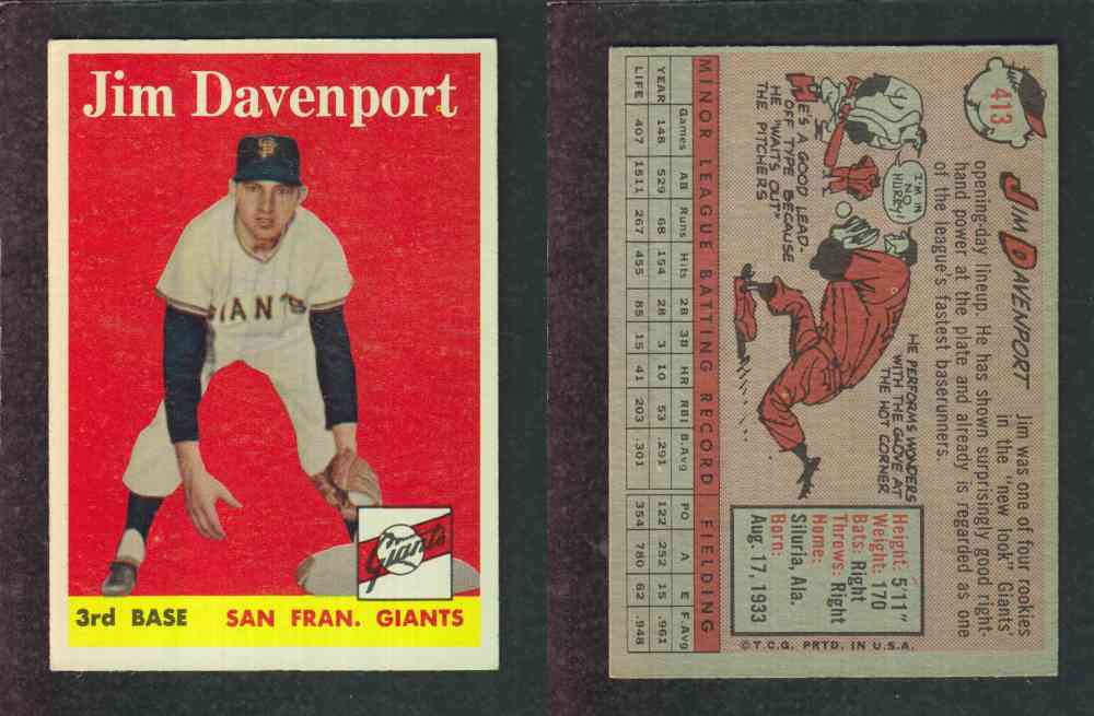 1958 TOPPS BASEBALL CARD #413 J. DAVENPORT photo 1958 TOPPS BASEBALL CARD #413 J. DAVENPORT photo