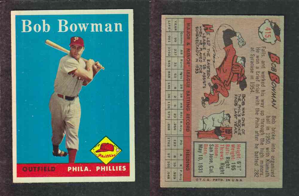 1958 TOPPS BASEBALL CARD #415 B. BOWMAN photo 1958 TOPPS BASEBALL CARD #415 B. BOWMAN photo