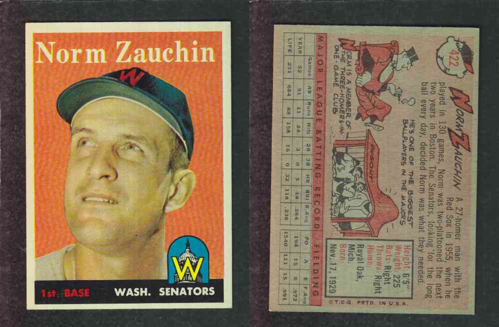 1958 TOPPS BASEBALL CARD #422 N. ZAUCHIN photo
