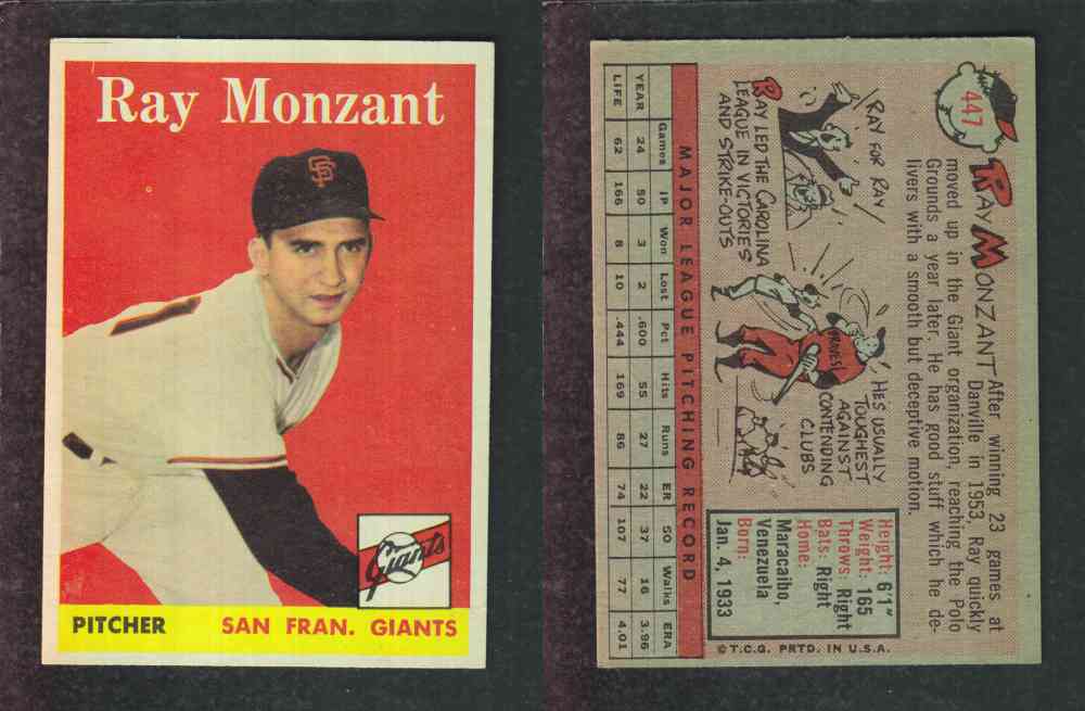 1958 TOPPS BASEBALL CARD #447 R. MONZANT photo 1958 TOPPS BASEBALL CARD #447 R. MONZANT photo