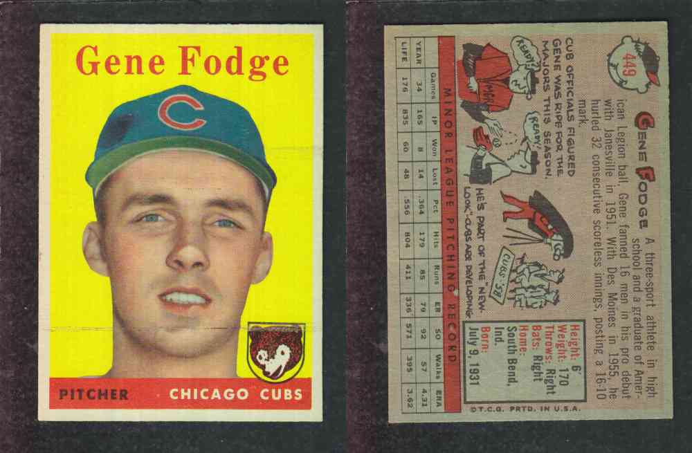 1958 TOPPS BASEBALL CARD #449 G. FODGE photo 1958 TOPPS BASEBALL CARD #449 G. FODGE photo