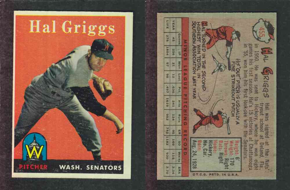 1958 TOPPS BASEBALL CARD #455 H. GRIGGS photo 1958 TOPPS BASEBALL CARD #455 H. GRIGGS photo