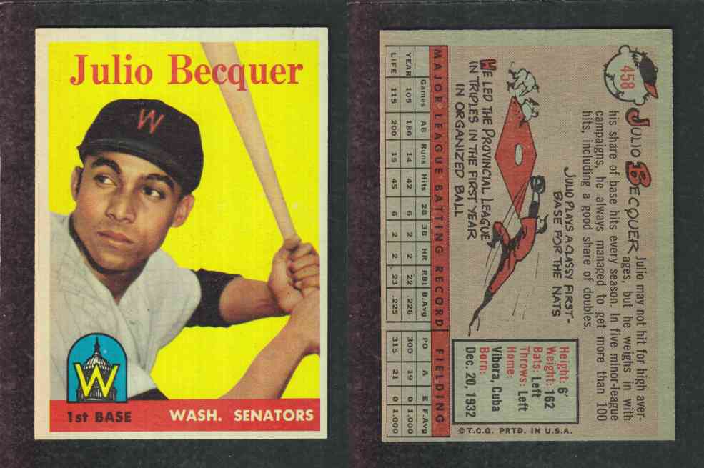 1958 TOPPS BASEBALL CARD #458 J. BECQUER photo 1958 TOPPS BASEBALL CARD #458 J. BECQUER photo