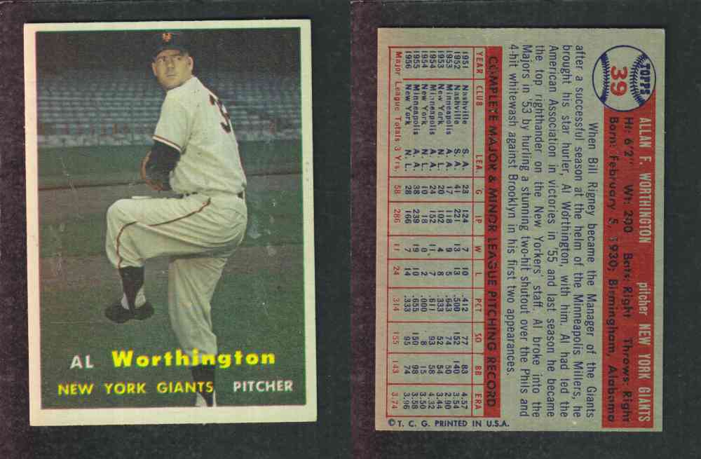 1957 TOPPS BASEBALL CARD #39 A. WORTHINGTON photo 1957 TOPPS BASEBALL CARD #39 A. WORTHINGTON photo