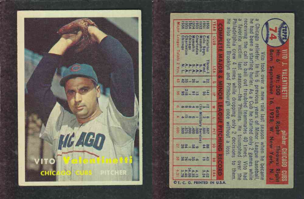 1957 TOPPS BASEBALL CARD #74 V. VALENTINETTI photo 1957 TOPPS BASEBALL CARD #74 V. VALENTINETTI photo