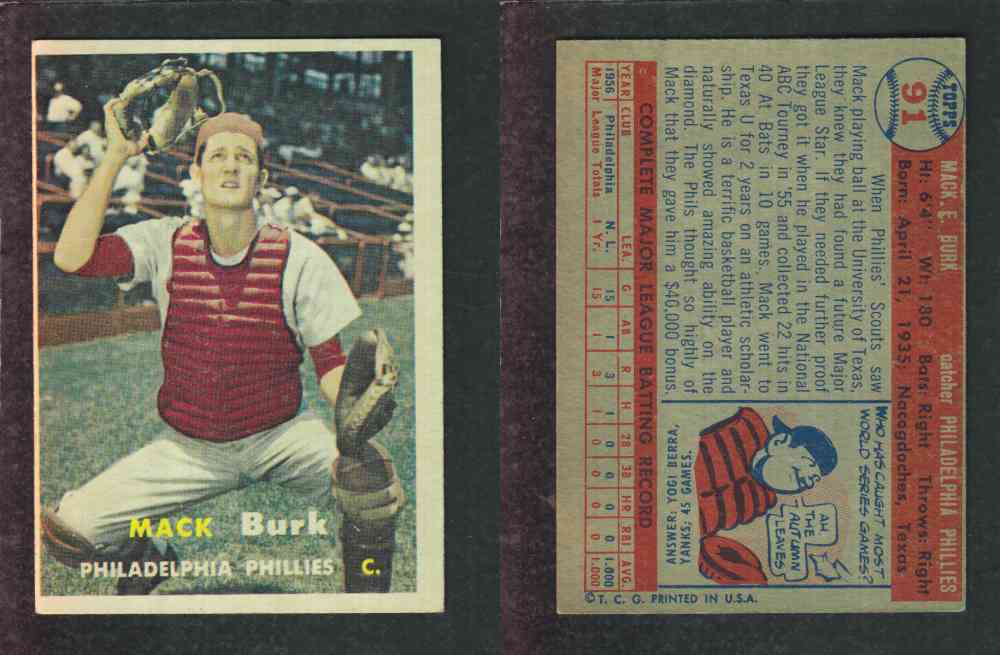 1957 TOPPS BASEBALL CARD #91 M. BURK photo 1957 TOPPS BASEBALL CARD #91 M. BURK photo