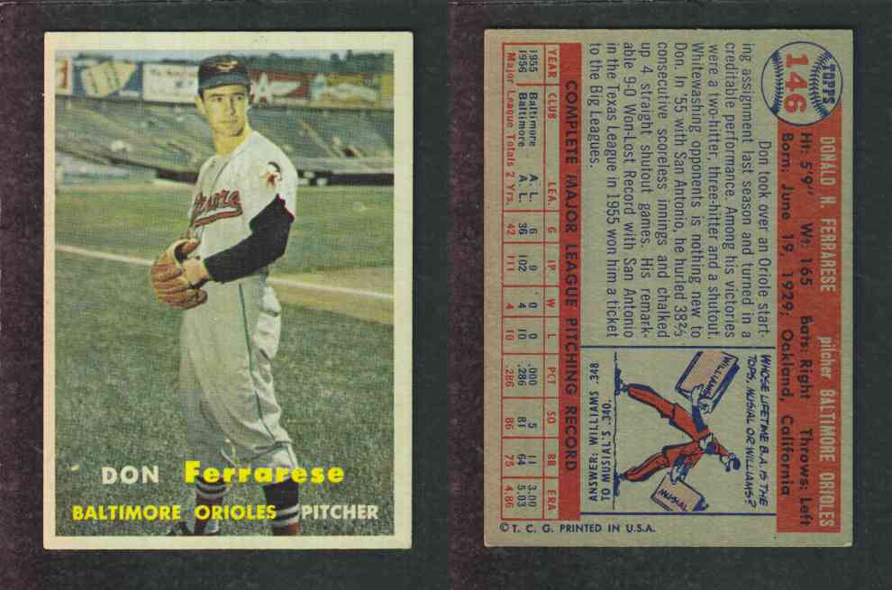 1957 TOPPS BASEBALL CARD #146 D. FERRARESE photo 1957 TOPPS BASEBALL CARD #146 D. FERRARESE photo