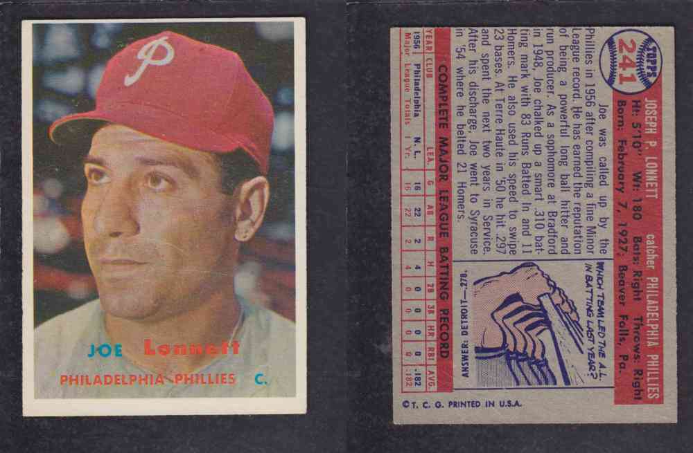 1957 TOPPS BASEBALL CARD #241 J. LONNETT photo 1957 TOPPS BASEBALL CARD #241 J. LONNETT photo