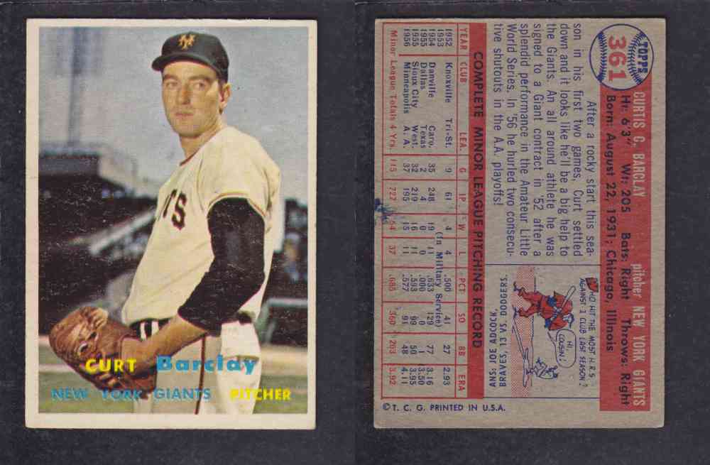 1957 TOPPS BASEBALL CARD #361 C. BARCLAY photo 1957 TOPPS BASEBALL CARD #361 C. BARCLAY photo