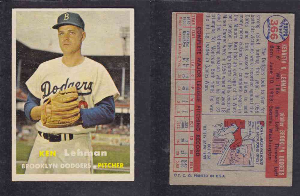 1957 TOPPS BASEBALL CARD #366 K. LEHMAN photo 1957 TOPPS BASEBALL CARD #366 K. LEHMAN photo