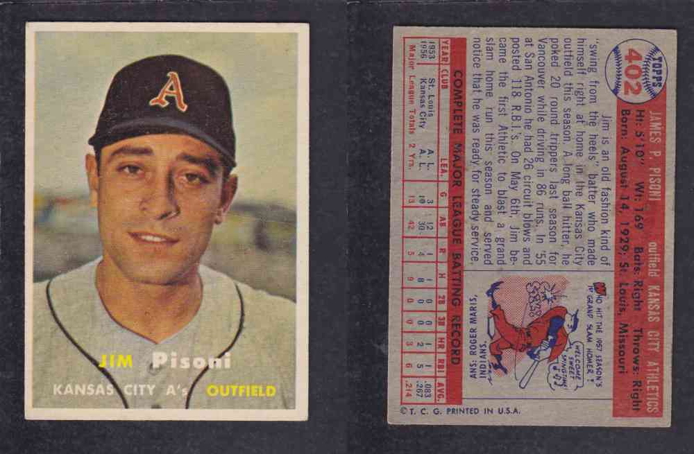 1957 TOPPS BASEBALL CARD #402 J. PISONI photo 1957 TOPPS BASEBALL CARD #402 J. PISONI photo