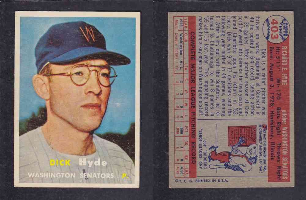 1957 TOPPS BASEBALL CARD #403 D. HYDE photo 1957 TOPPS BASEBALL CARD #403 D. HYDE photo