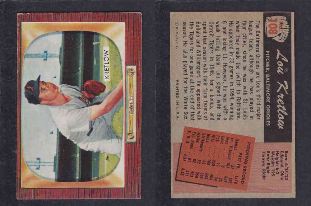 1955 BOWMAN BASEBALL CARD #108 L. KRETLOW photo