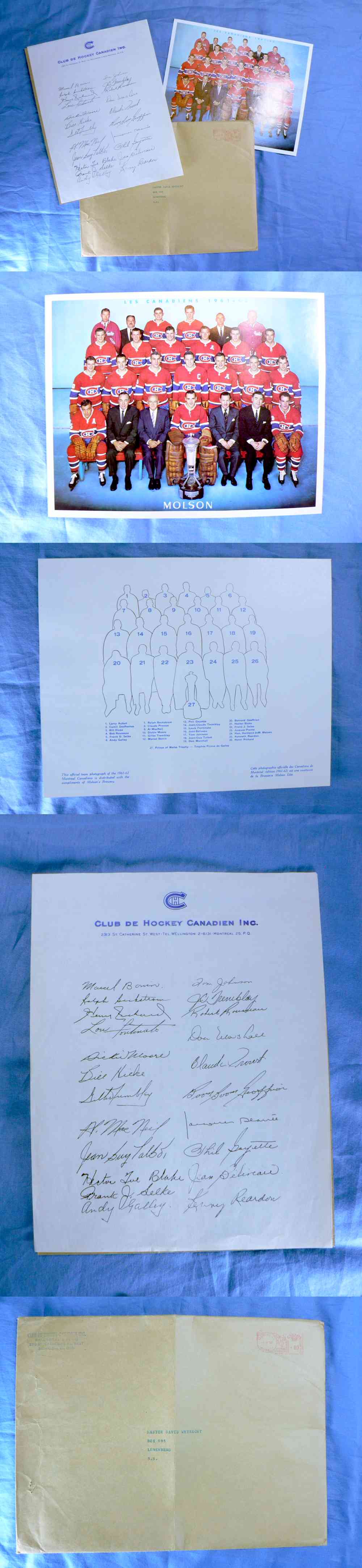 1961-62 MONTREAL CANADIENS TEAM PHOTO FACSIMILE AUTOGRAPH & ENVELOPE photo