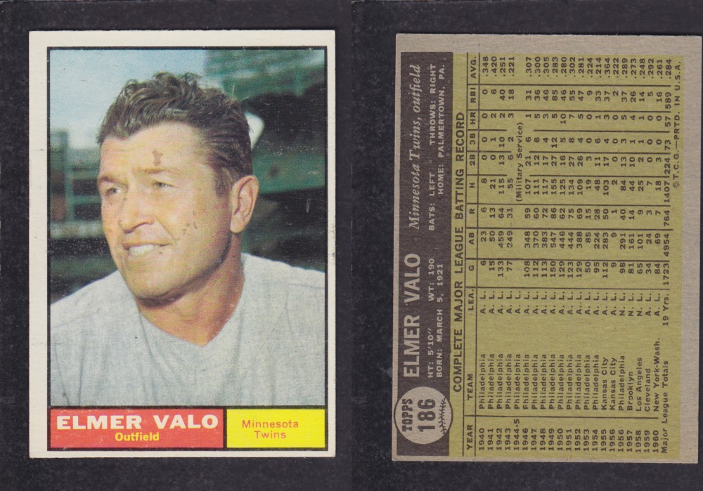 1962 TOPPS BASEBALL CARD #186 E. VALO photo 1962 TOPPS BASEBALL CARD #186 E. VALO photo