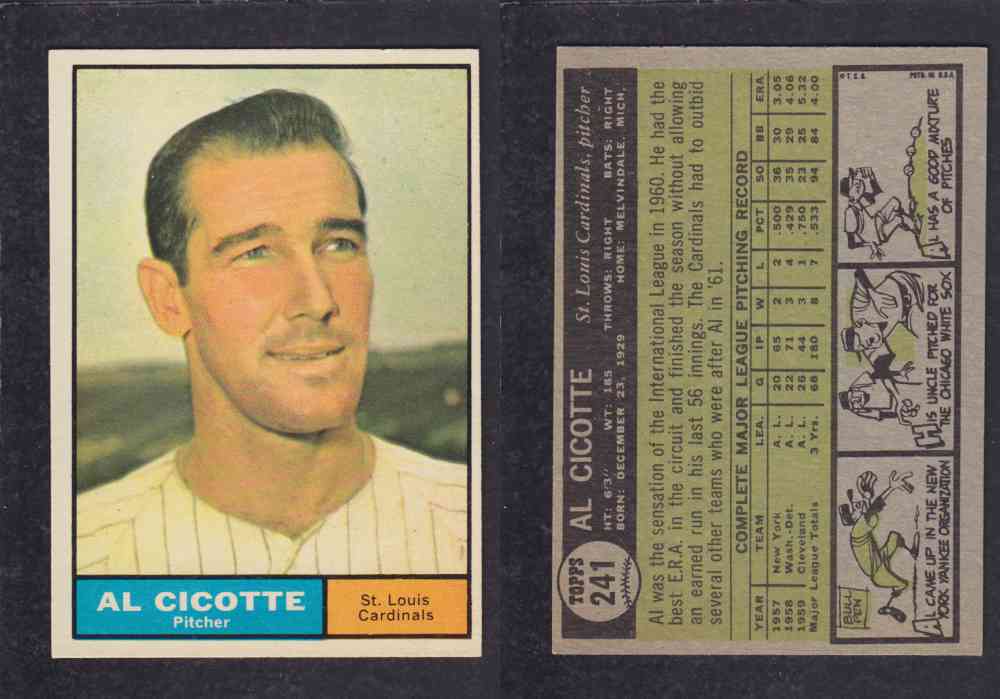 1962 TOPPS BASEBALL CARD #241 A. CICOTTE photo 1962 TOPPS BASEBALL CARD #241 A. CICOTTE photo