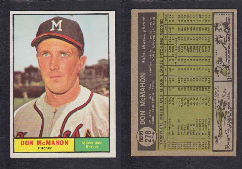 1961 TOPPS BASEBALL CARD #278 D. McMAHON photo 1961 TOPPS BASEBALL CARD #278 D. McMAHON photo