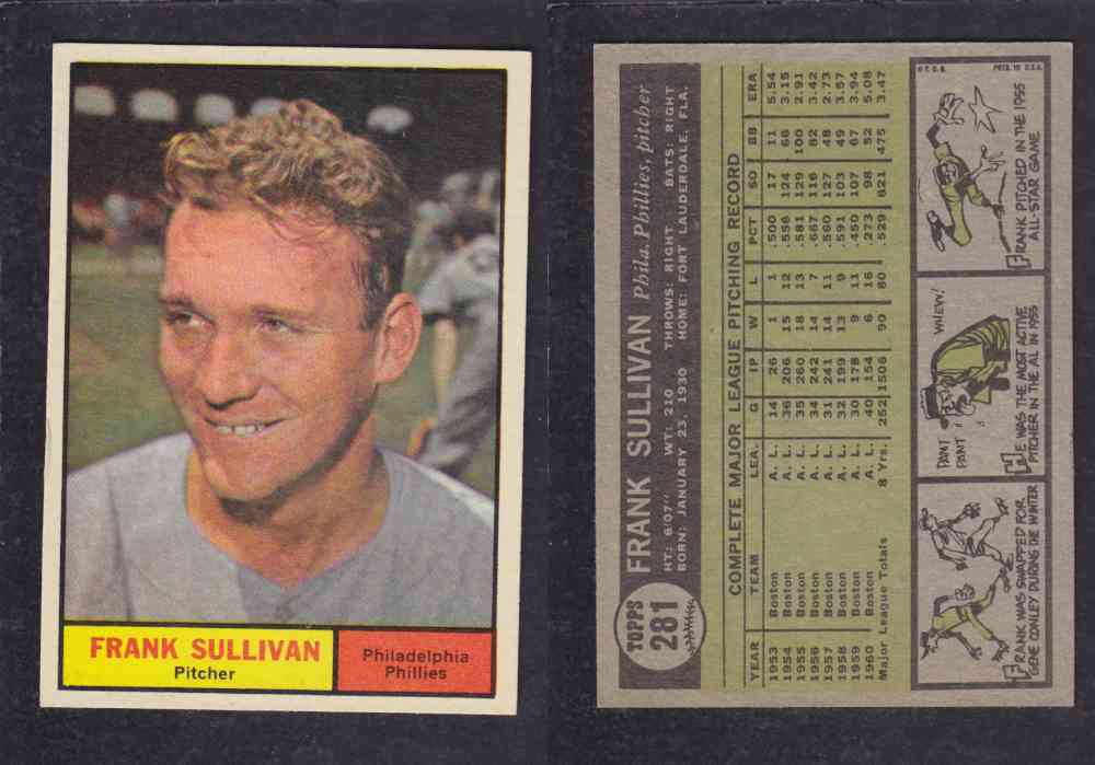 1961 TOPPS BASEBALL CARD #281 F. SULLIVAN photo 1961 TOPPS BASEBALL CARD #281 F. SULLIVAN photo