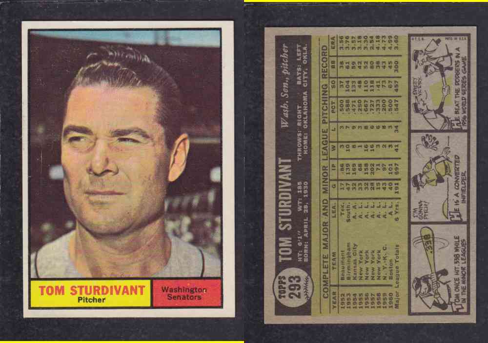 1961 TOPPS BASEBALL CARD #293 T. STURDIVANT photo 1961 TOPPS BASEBALL CARD #293 T. STURDIVANT photo