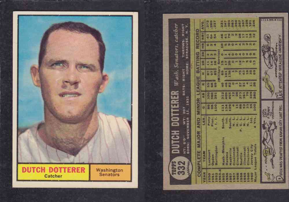 1961 TOPPS BASEBALL CARD #332 D. DOTTERER photo 1961 TOPPS BASEBALL CARD #332 D. DOTTERER photo