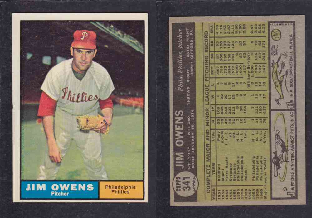 1961 TOPPS BASEBALL CARD #341 J. OWENS photo 1961 TOPPS BASEBALL CARD #341 J. OWENS photo