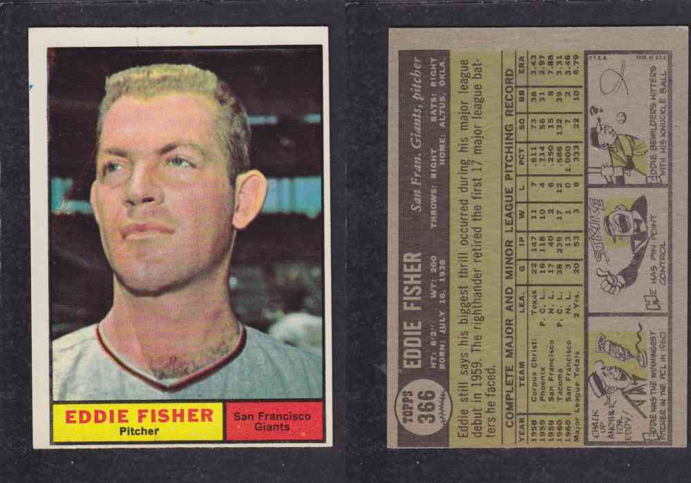 1961 TOPPS BASEBALL CARD #366 E. FISHER photo 1961 TOPPS BASEBALL CARD #366 E. FISHER photo