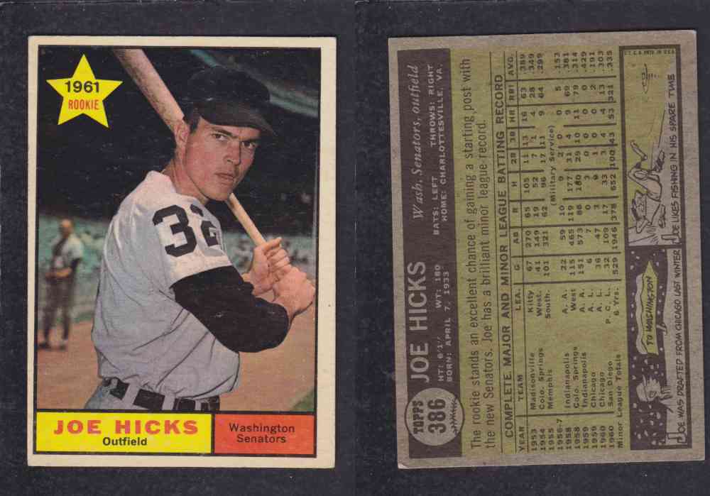 1961 TOPPS BASEBALL CARD #386 J. HICKS photo 1961 TOPPS BASEBALL CARD #386 J. HICKS photo