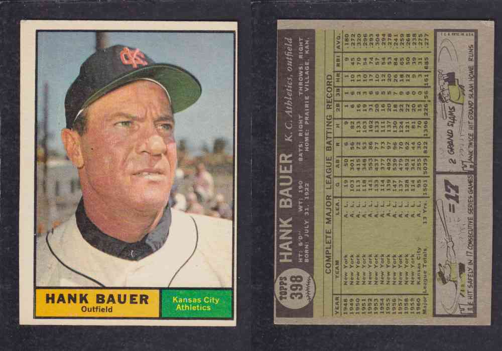1961 TOPPS BASEBALL CARD #398 H. BAUER photo 1961 TOPPS BASEBALL CARD #398 H. BAUER photo