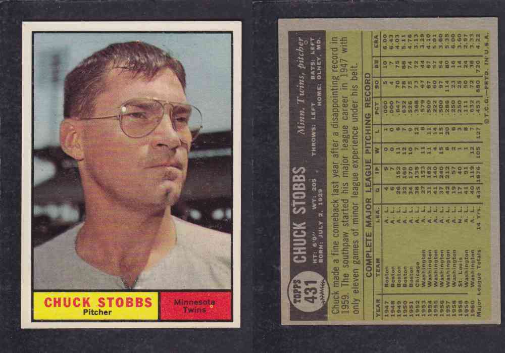 1961 TOPPS BASEBALL CARD #431 C. STOBBS photo 1961 TOPPS BASEBALL CARD #431 C. STOBBS photo
