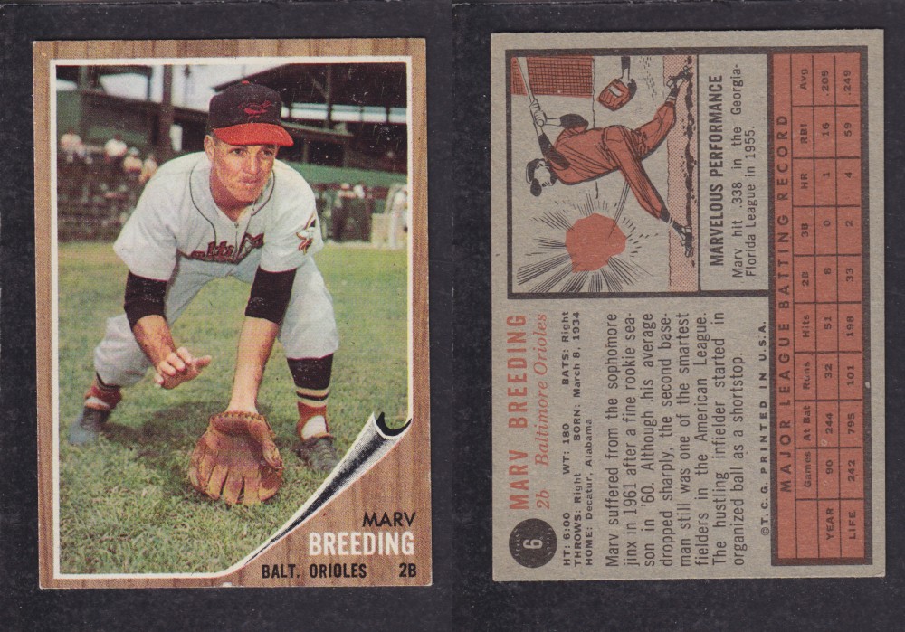 1962 TOPPS BASEBALL CARD #6 M. BREEDING photo 1962 TOPPS BASEBALL CARD #6 M. BREEDING photo