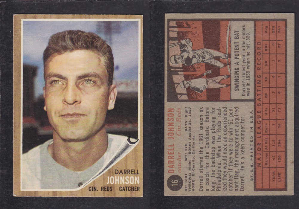 1962 TOPPS BASEBALL CARD #16 D. JOHNSON photo 1962 TOPPS BASEBALL CARD #16 D. JOHNSON photo