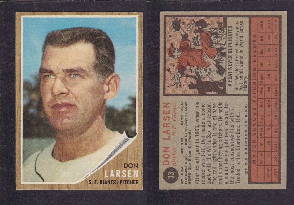 1962 TOPPS BASEBALL CARD #33 D. LARSEN photo 1962 TOPPS BASEBALL CARD #33 D. LARSEN photo