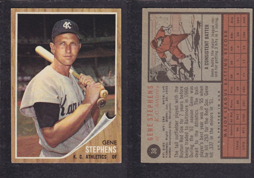1962 TOPPS BASEBALL CARD #38 G. STEPHENS photo 1962 TOPPS BASEBALL CARD #38 G. STEPHENS photo