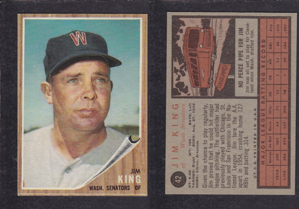 1962 TOPPS BASEBALL CARD #42 J. KING photo 1962 TOPPS BASEBALL CARD #42 J. KING photo