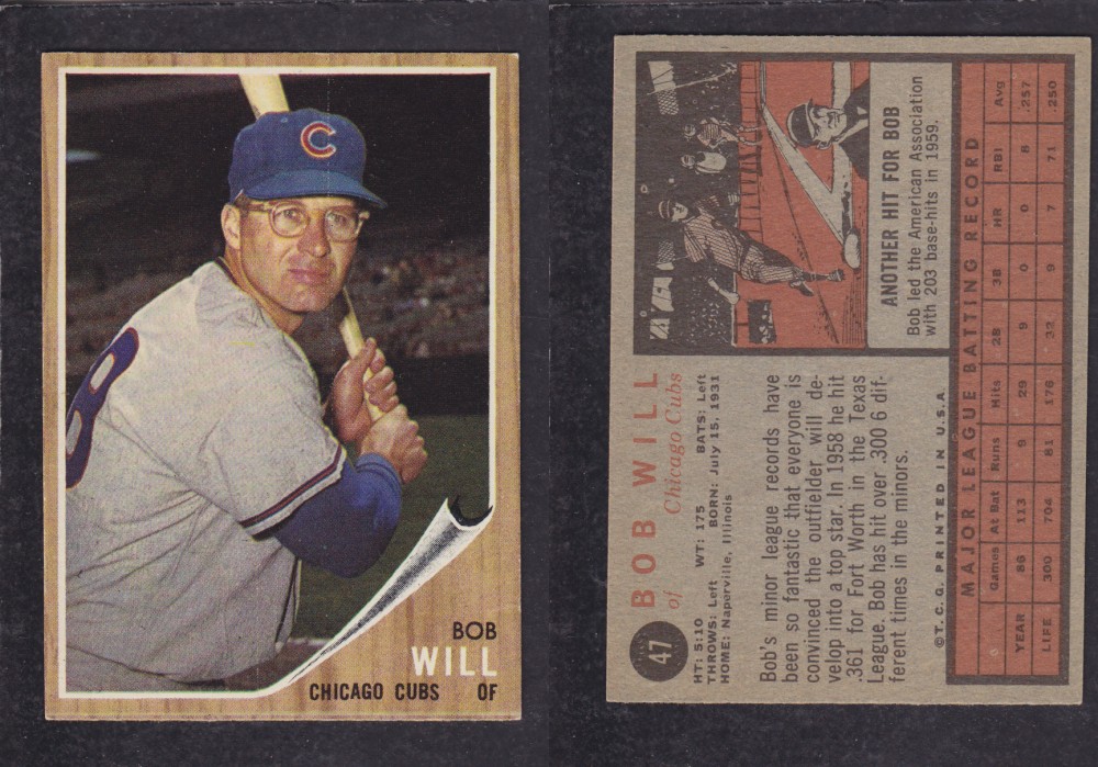 1962 TOPPS BASEBALL CARD #47 B. WILL photo 1962 TOPPS BASEBALL CARD #47 B. WILL photo