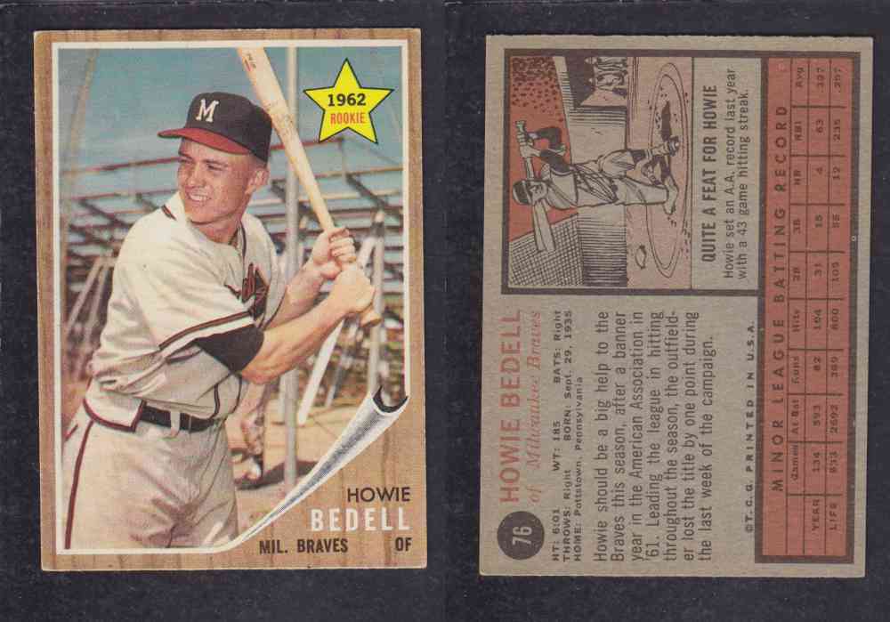 1962 TOPPS BASEBALL CARD #76 H. BEDELL photo 1962 TOPPS BASEBALL CARD #76 H. BEDELL photo