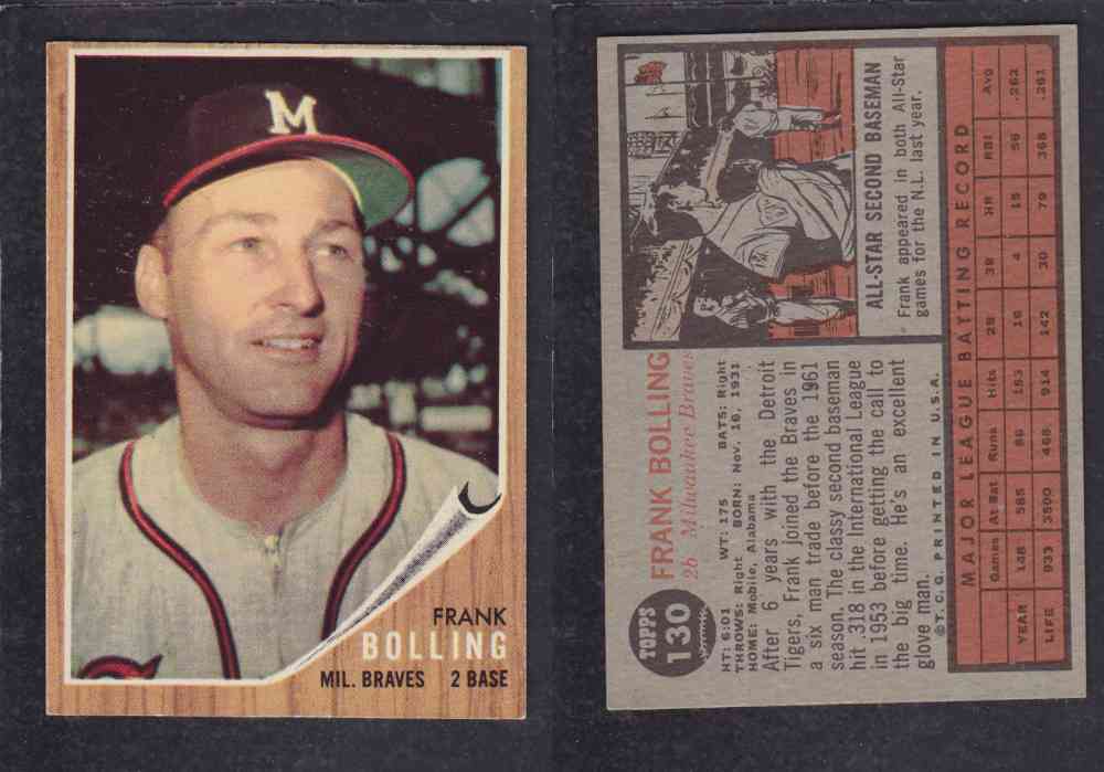 1962 TOPPS BASEBALL CARD #130 F. BOLLING photo 1962 TOPPS BASEBALL CARD #130 F. BOLLING photo