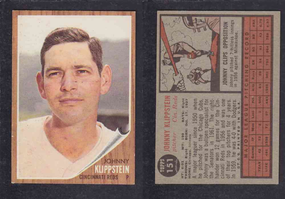 1962 TOPPS BASEBALL CARD #151 J. KLIPPSTEIN photo 1962 TOPPS BASEBALL CARD #151 J. KLIPPSTEIN photo