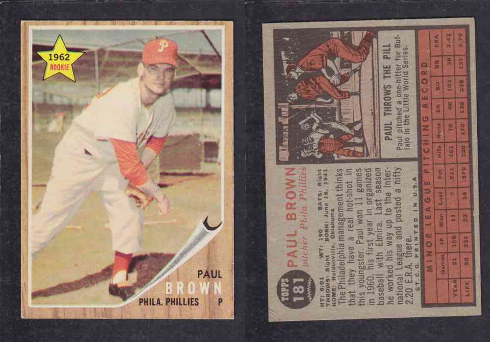 1962 TOPPS BASEBALL CARD #181 P. BROWN photo 1962 TOPPS BASEBALL CARD #181 P. BROWN photo