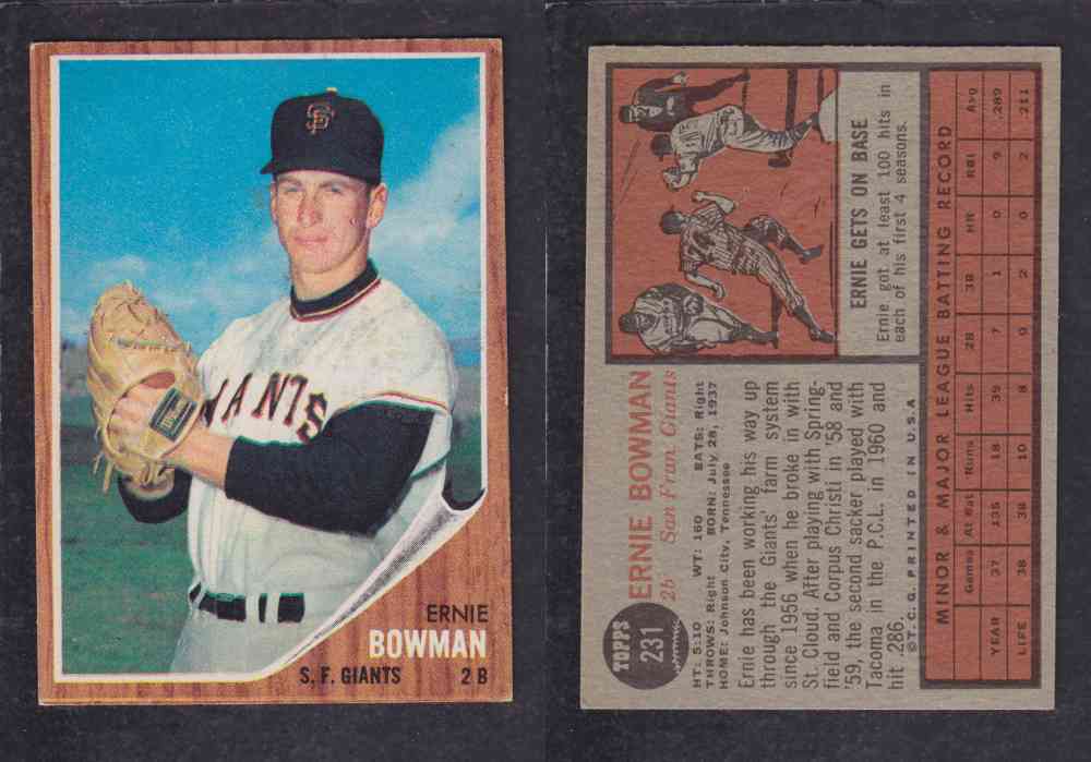 1962 TOPPS BASEBALL CARD #231 E. BOWMAN photo 1962 TOPPS BASEBALL CARD #231 E. BOWMAN photo