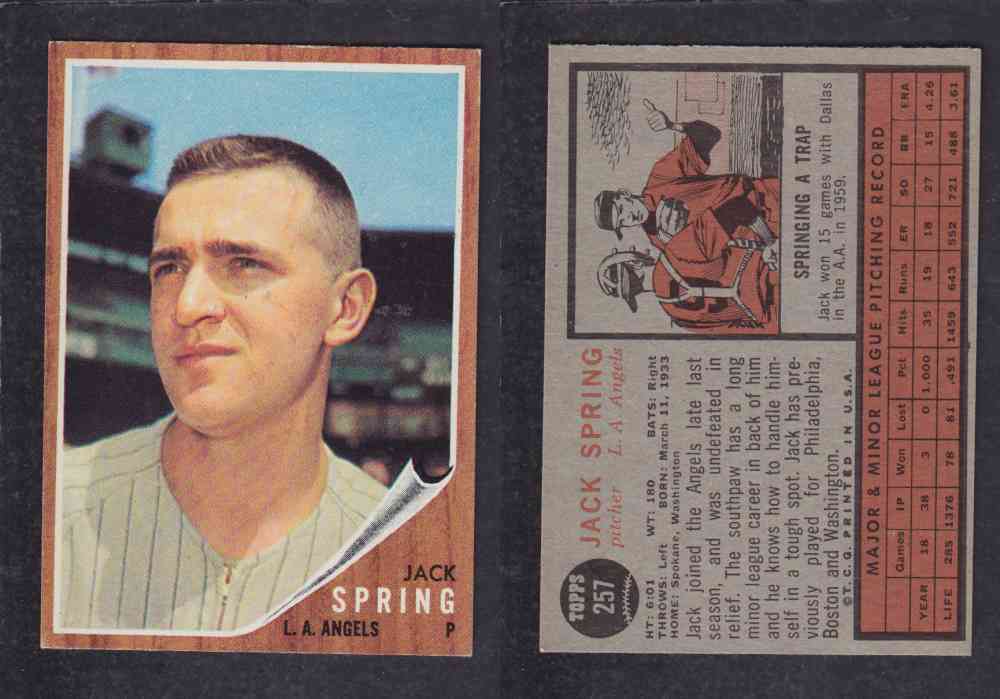 1962 TOPPS BASEBALL CARD #257 J. SPRING photo 1962 TOPPS BASEBALL CARD #257 J. SPRING photo
