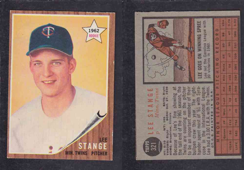1962 TOPPS BASEBALL CARD #321 L. STANGE photo 1962 TOPPS BASEBALL CARD #321 L. STANGE photo
