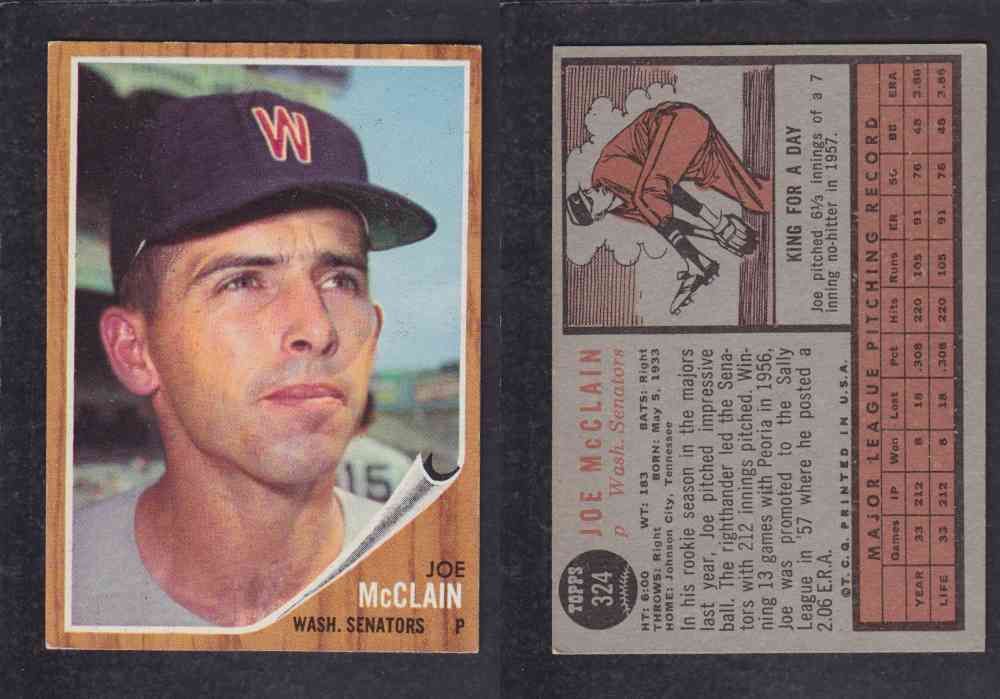 1962  TOPPS BASEBALL CARD #324  J. McCLAIN photo