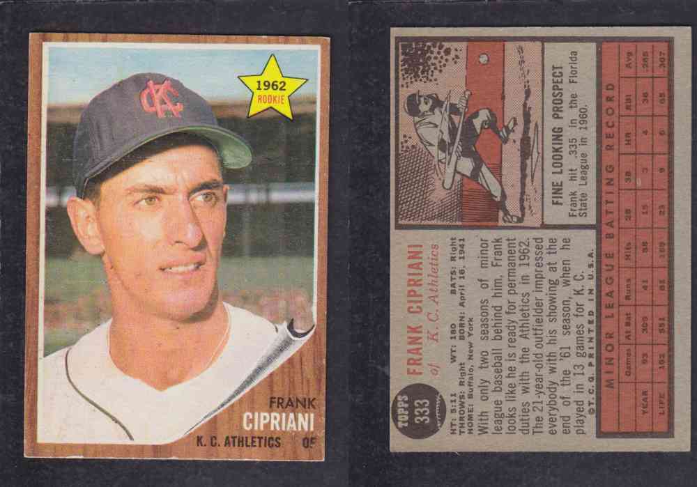 1962 TOPPS BASEBALL CARD #333 F. CIPRIANI photo 1962 TOPPS BASEBALL CARD #333 F. CIPRIANI photo
